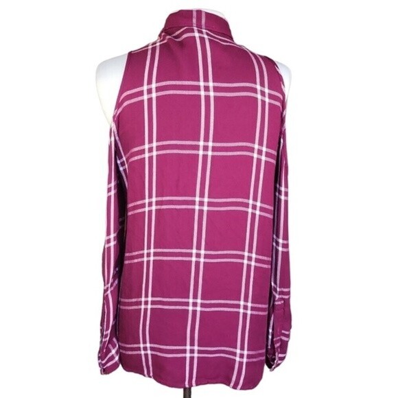 EXPRESS | Women's Burgundy Plaid Cold Shoulder Shirt - Size SP - Picture 4 of 10